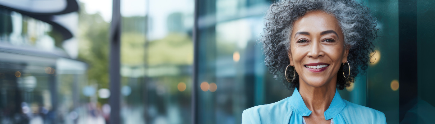 An attractive older black lady smiling with grey curly hair and a blue shirt, and gold hoop earrings