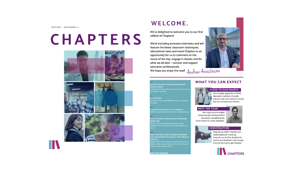 A visual screenshot of our Chapters magazine. On the left is an array or school related images such as books, teachers and students and on the right is the contents page.