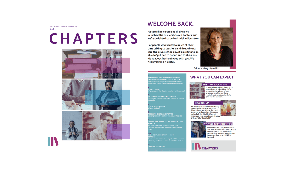 A visual screenshot of our Chapters magazine. On the left is an array or school related images such as books, teachers and students and on the right is the contents page.