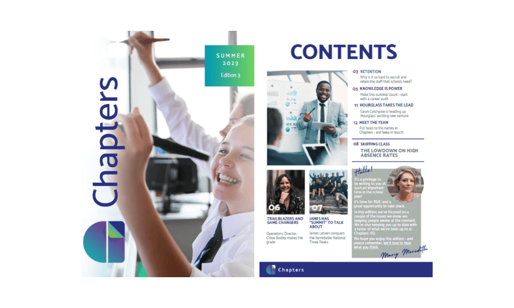 A visual screenshot of our Chapters magazine. On the left is a smiling child and on the right is the contents page.