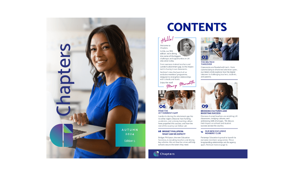 A visual screenshot of our Chapters magazine. On the left is a smiling woman and on the right is the contents page.